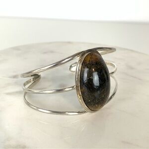 Sterling Silver Bracelet Cuff Big Oval Jasper Triple Shank  Stamped 925 Vtg